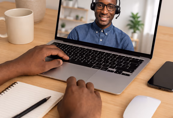 A video call with a smiling instructor wearing a headset